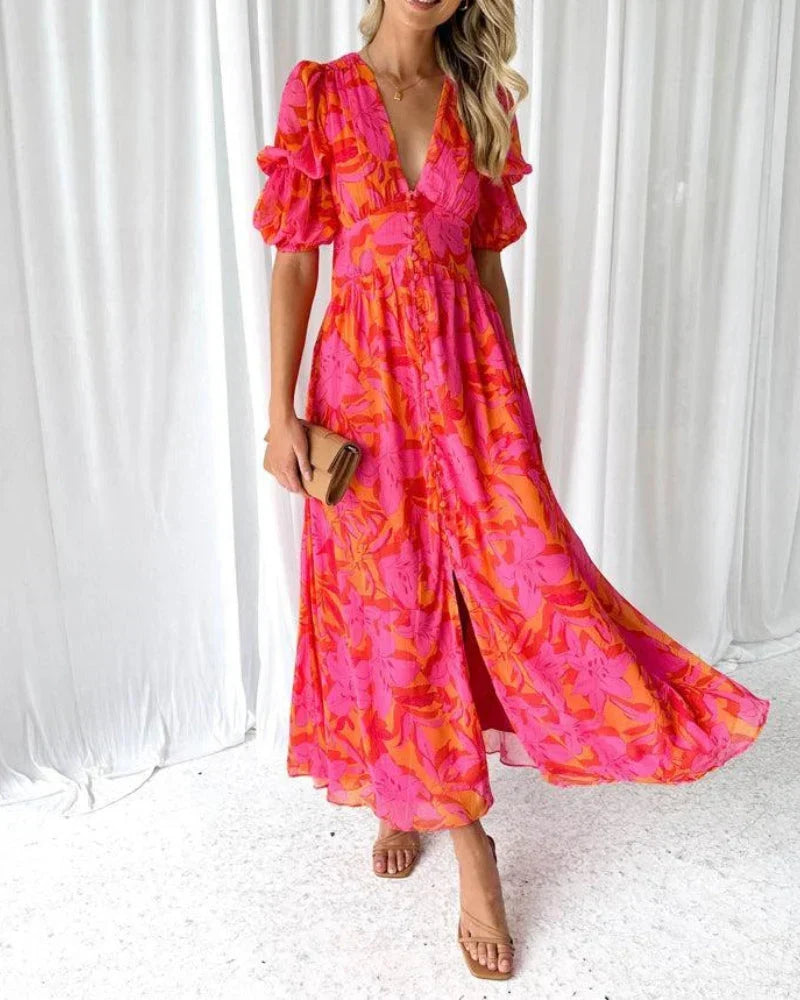 Noralynn™ | Blumen V-Ausschnitt Maxi Kleid