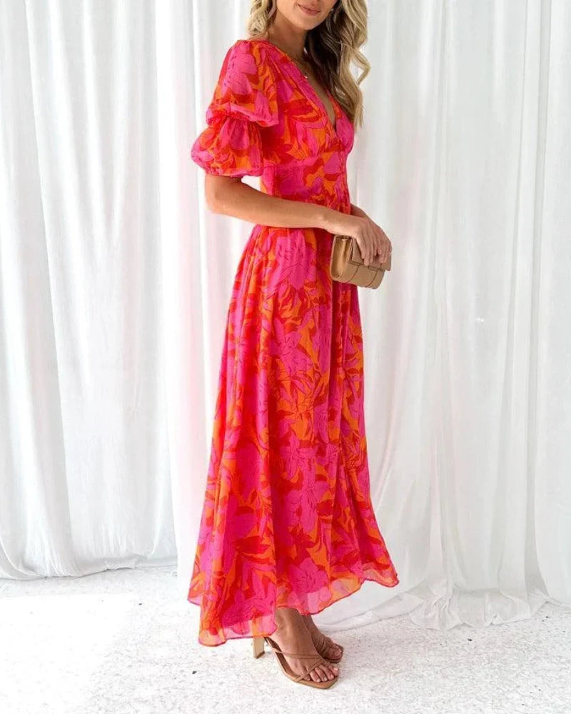 Noralynn™ | Blumen V-Ausschnitt Maxi Kleid