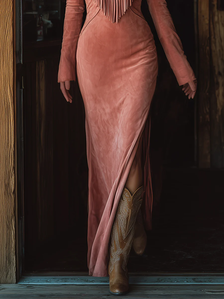 Vintage Western Quasten Besticktes Rosa Faux Wildleder Kleid