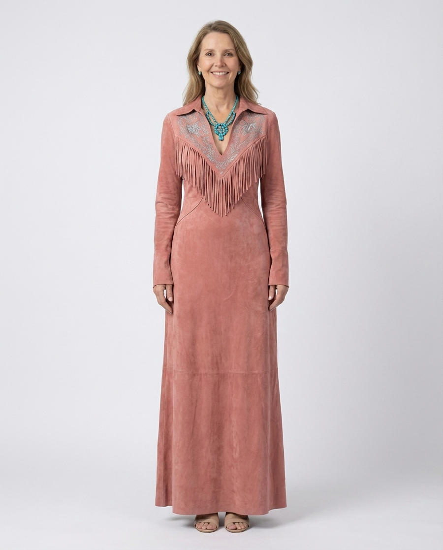 Vintage Western Quasten Besticktes Rosa Faux Wildleder Kleid
